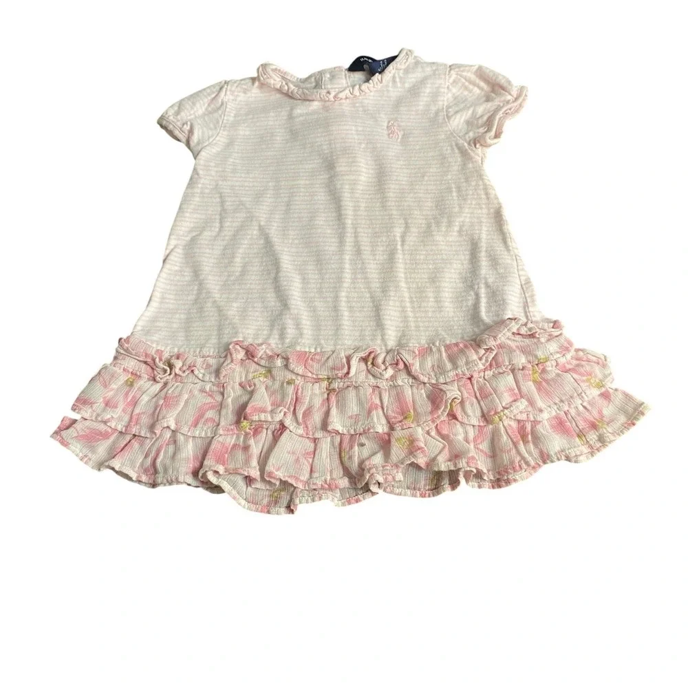 Ralph Lauren pink striped ruffle‎ bottom short sleeve shirt dress SIZE 12M
